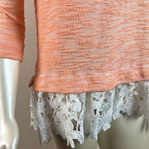 Sunday In Brooklyn Anthropologie Orange White Lace Hem Pullover Sweater Small XS - Picture 9 of 9